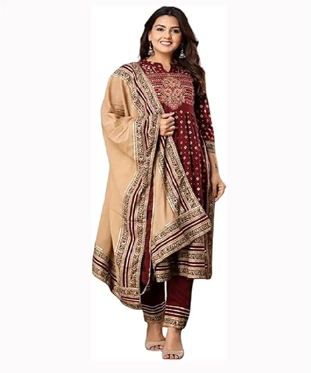 A woman is wearing a beautiful maroon color A-line straight kurti set, with cotton dupatta and matching pants.