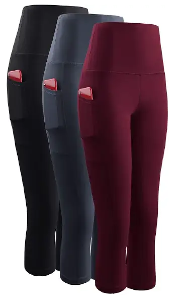 Three pairs of high-waisted yoga capri leggings in black, grey, and maroon, each featuring large side pockets.