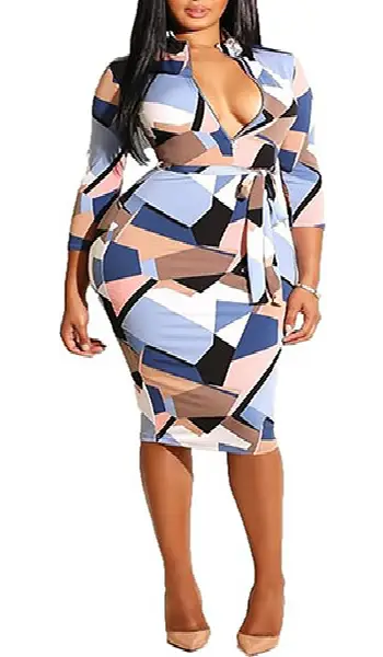 Woman wearing a three-quarter sleeve midi pencil dress featuring a geometric color-blocked pattern in shades of brown, beige, and black.