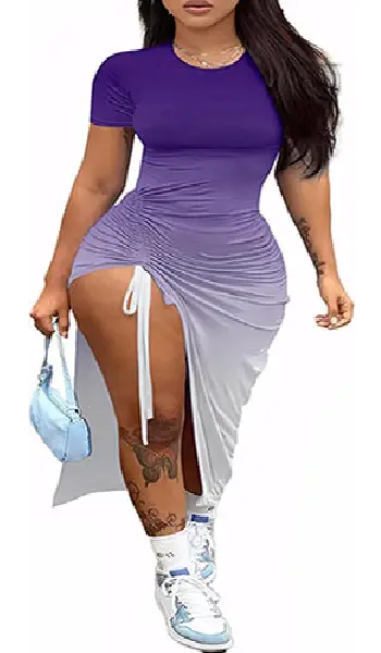 Woman wearing a short sleeve crew neck maxi dress featuring a dark black to grey and white gradient transition, complete with a side drawstring high slit.
