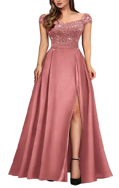 A model wearing a dusty pink floor-length gown featuring a sweetheart neckline, sequin lace cap sleeves, and a smooth satin A-line skirt with a high side slit.