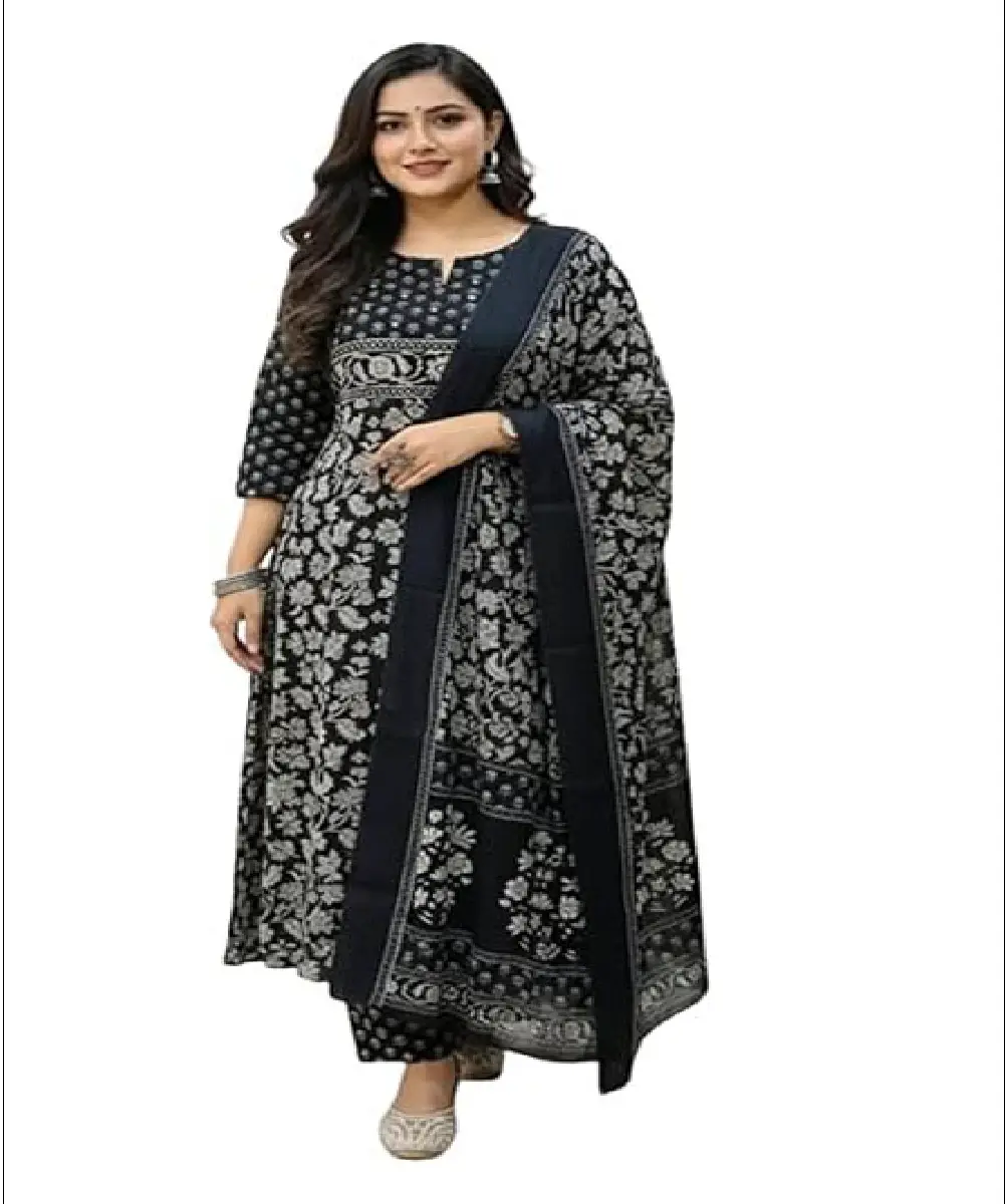 Ekti nari ekti black georgette Anarkali-style kurta pore achhen jate shundor embroidery kaj kora, sathe match kora pant ebong dupatta.