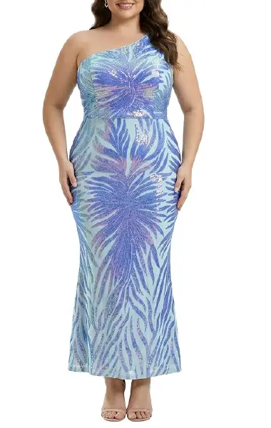 A model wearing a light blue, one-shoulder mermaid-style gown covered in shimmering iridescent sequins arranged in a leaf-like pattern.