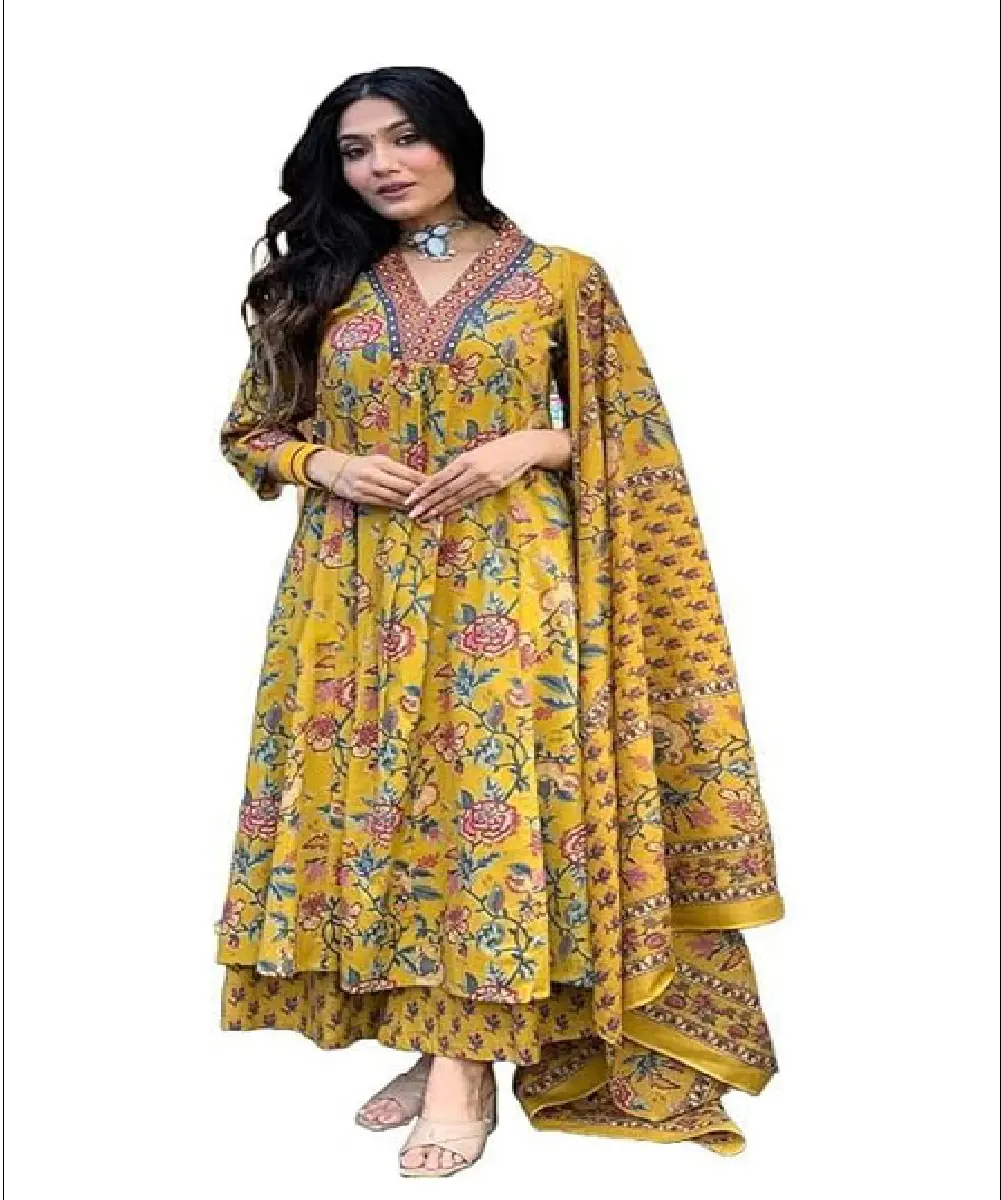 A woman wearing a black georgette Anarkali-style kurta with intricate embroidery, paired with matching pants and a dupatta.