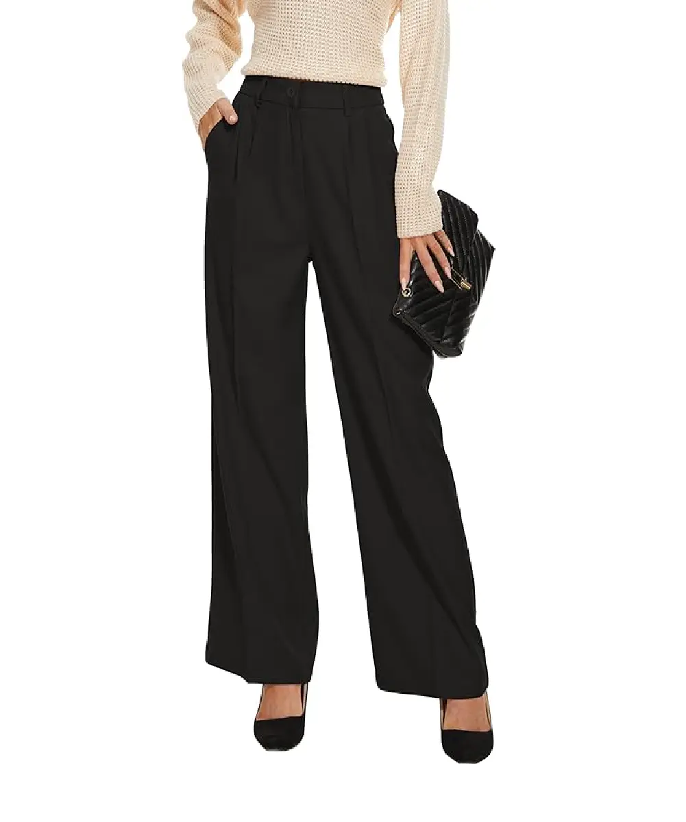 A woman wearing dark green high-waisted wide-leg dress pants with side pockets and a belt, styled for a professional office look.