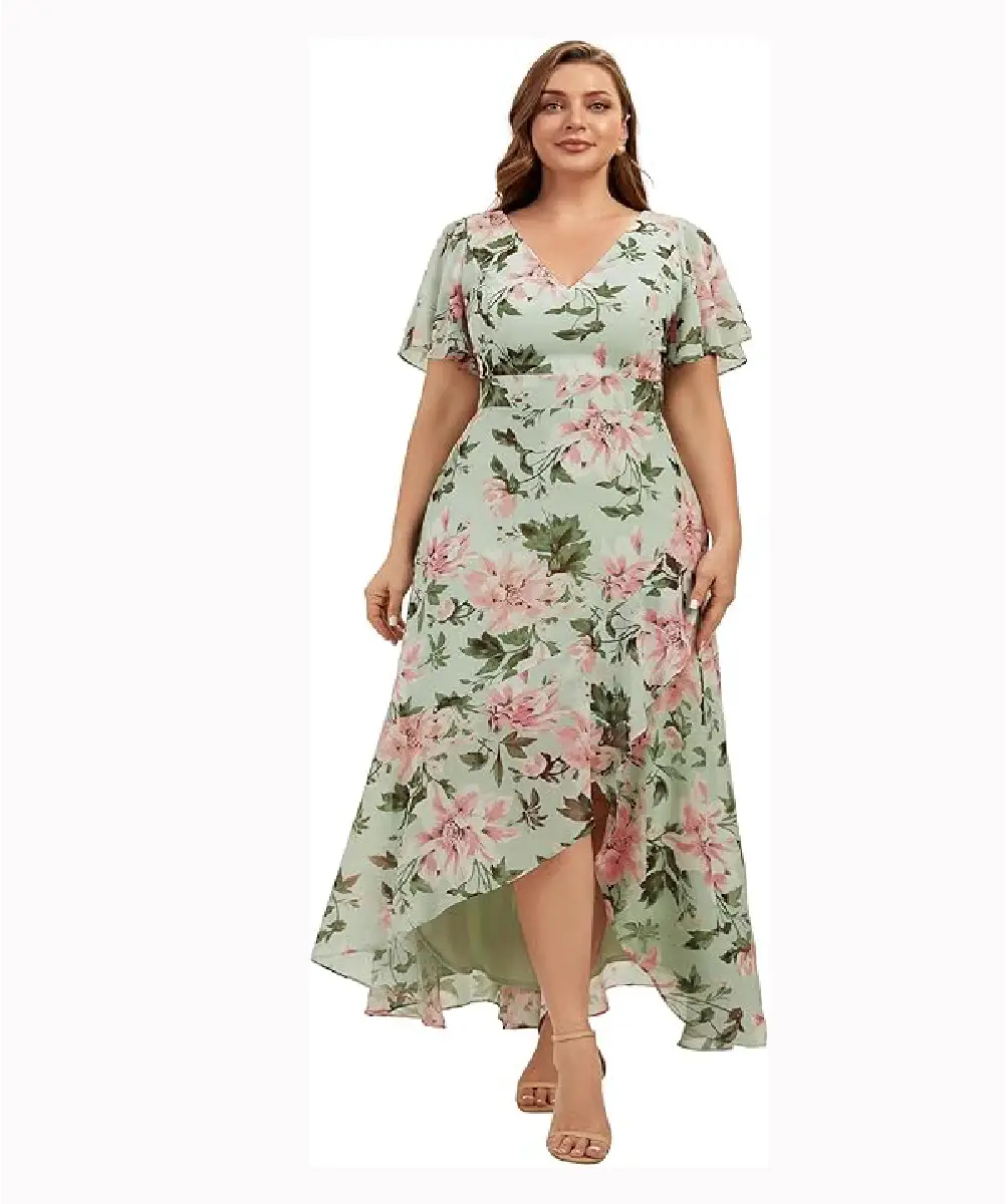 Designed specifically for curvy women, this beautiful floral chiffon dress is the perfect choice for any occasion. It features a flattering V-neckline, flutter sleeves, and a stylish high-low asymmetrical hemline. It features strategic waist shearing to ensure a comfortable fit. It is a perfect dress for weddings, vacations, or any semi-formal occasion.