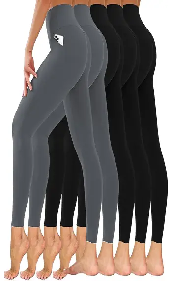 A collection of high-quality, high-waisted yoga leggings in grey and black, featuring deep side pockets for essentials.