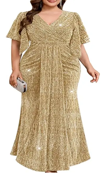 A model wearing a gold shimmering floor-length mermaid gown featuring a wrap V-neckline, handkerchief sleeves, and a ruched, draped front design.