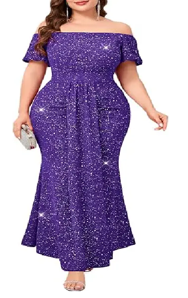 A model wearing a floor-length purple shimmering plus-size gown featuring an off-the-shoulder neckline, short puff sleeves, and a ruched, draped front design that creates a flattering mermaid silhouette.