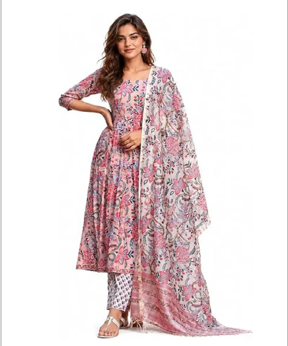 A woman modeling a short-length, soft rayon kurta featuring elegant floral prints, paired with matching trousers and a coordinated floral dupatta.