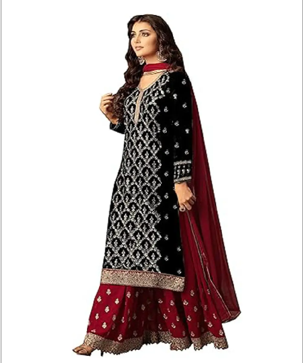 A woman modeling a ready-to-wear 3-piece ethnic set featuring a black embroidered kurta, matching red palazzo pants, and a coordinated red dupatta.
