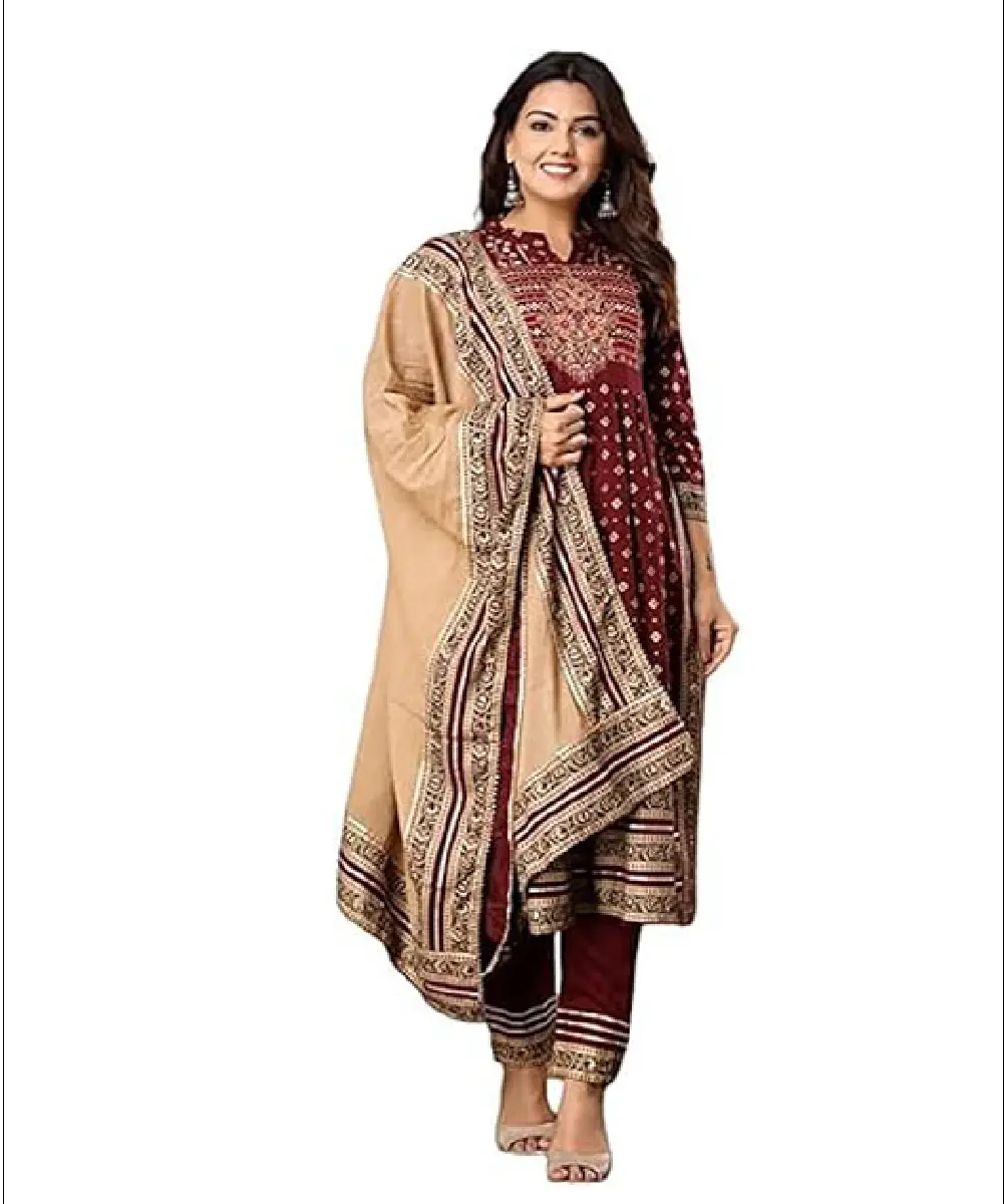 A woman modeling a 100% rayon maroon A-line straight kurti featuring side slits, handwork, and 3/4 sleeves, paired with matching pants and a beige cotton dupatta.