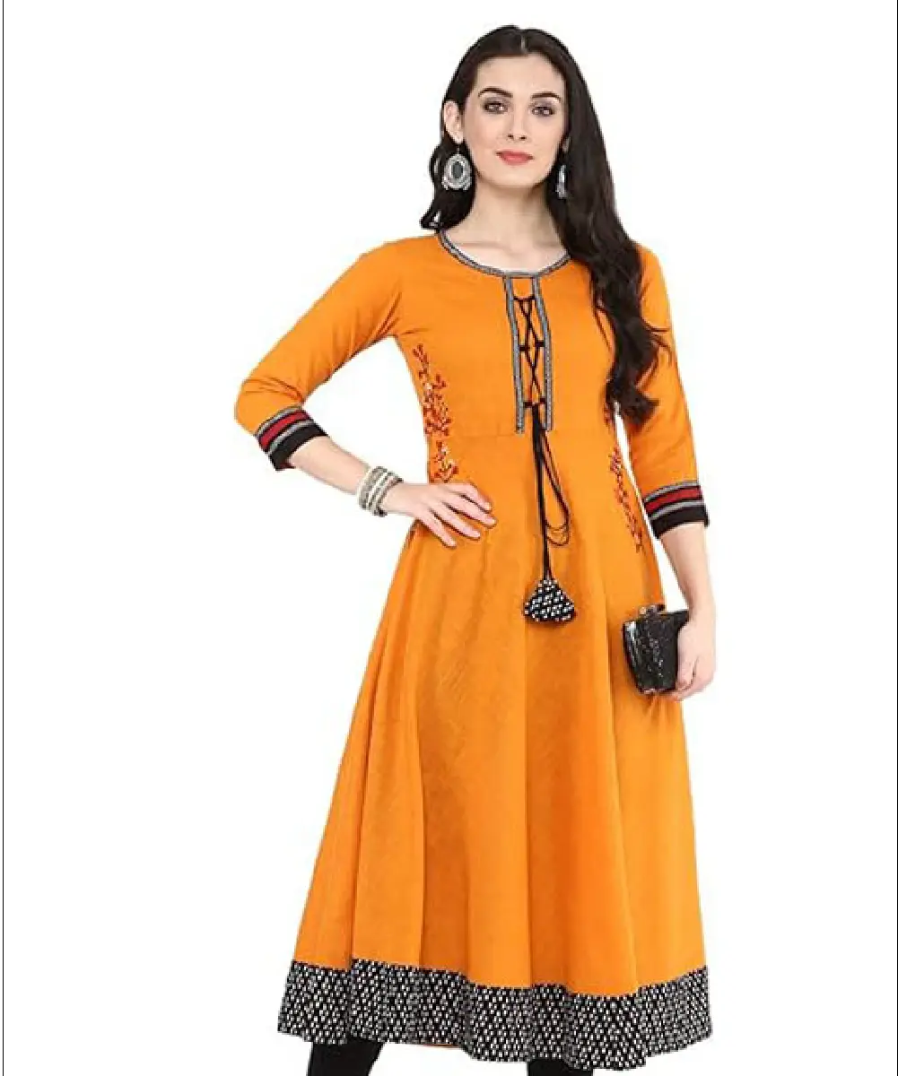 A mustard-colored A-line kurta featuring 3/4th sleeves, a scoop neck, and a contrasting patterned hem, worn by a model.