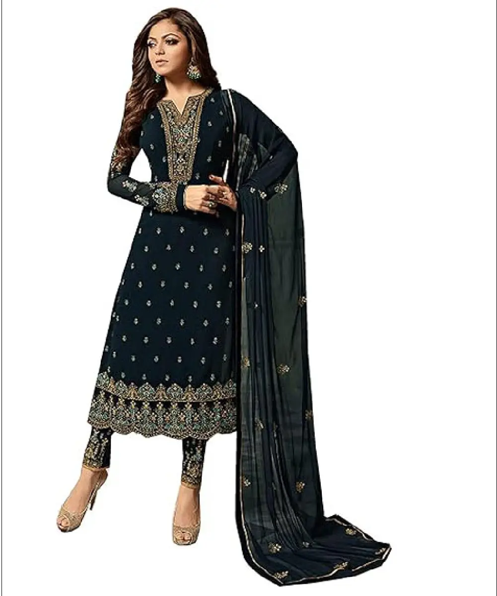 A woman modeling a ready-to-wear dark teal 3-piece ethnic set, featuring an intricately designed kurta, matching palazzo pants, and a coordinated dupatta.