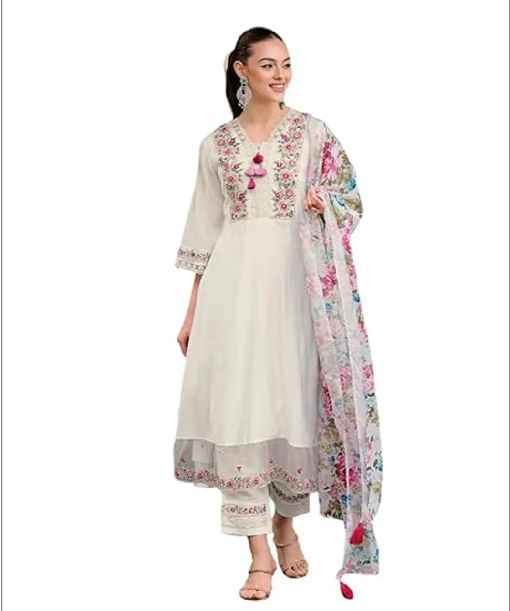 A woman modeling a fully stitched, ready-to-wear white 3-piece viscose cotton suit set featuring intricate thread and sequin embroidery, 3/4 sleeves, and a floral print organza dupatta.