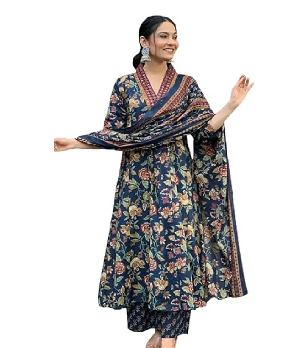 A woman modeling a navy blue Anarkali-style kurta set featuring floral prints, a V-neck, 3/4 sleeves, and a matching dupatta, crafted from rayon blend fabric.