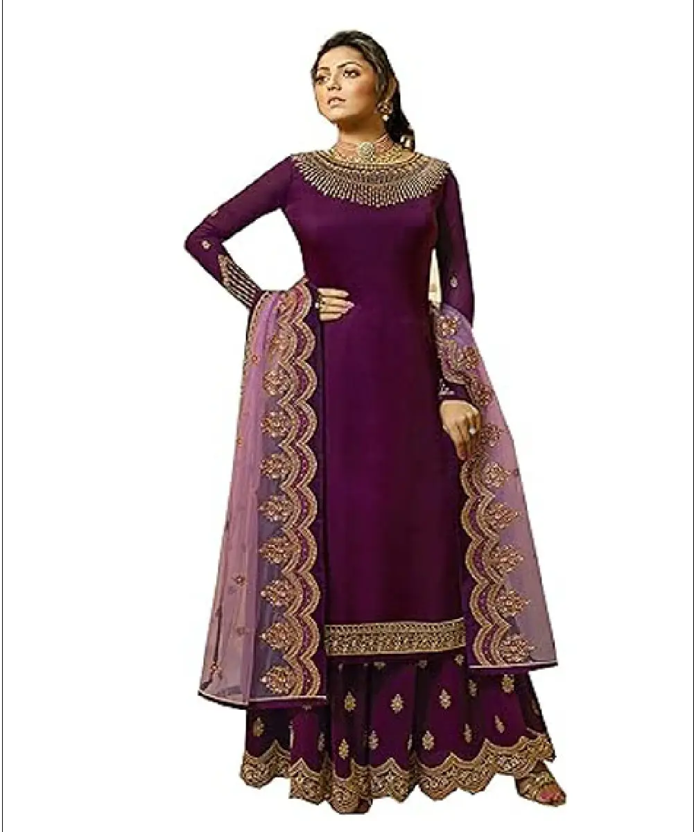 A woman modeling a ready-to-wear purple 3-piece set featuring a net kurta with detailed embroidery, matching palazzo pants, and a vibrant dupatta.