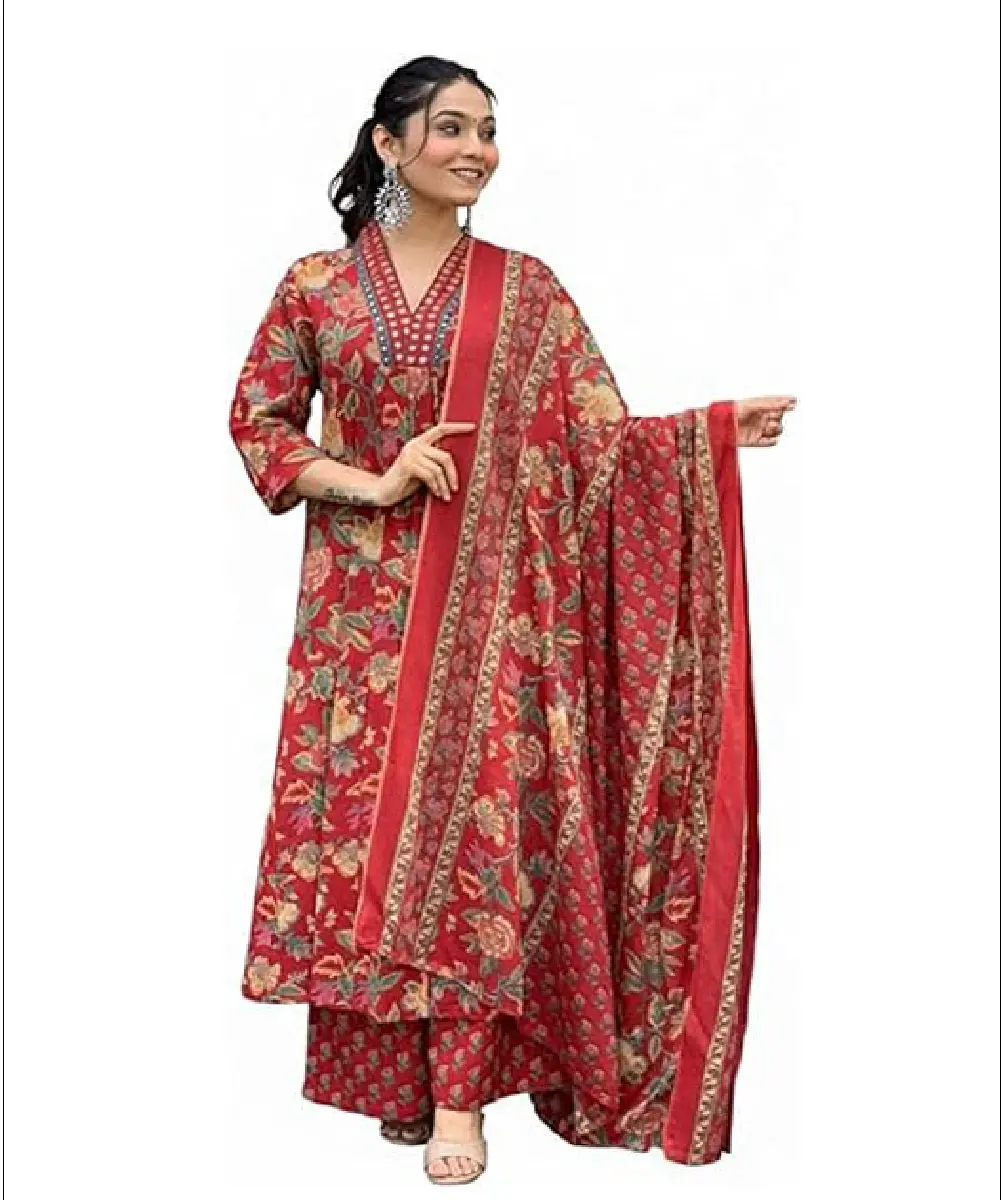 A woman modeling a red Anarkali-style kurta set featuring a V-neck, 3/4 sleeves, and a matching printed dupatta, crafted from rayon blend fabric.