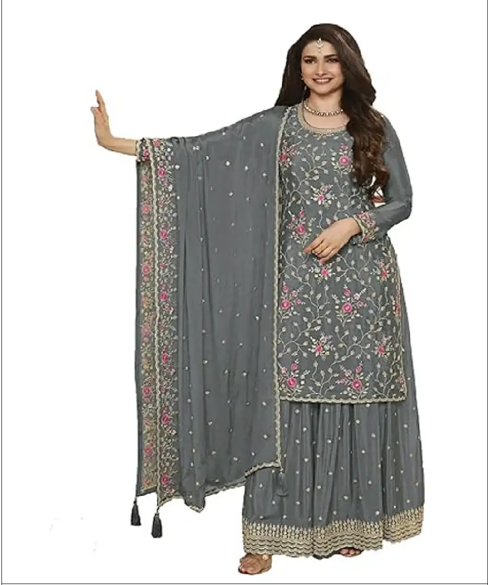 A woman modeling a grey ready-to-wear salwar suit set made of blooming chinon fabric with intricate floral embroidery, featuring a matching dupatta and santoon inner lining.