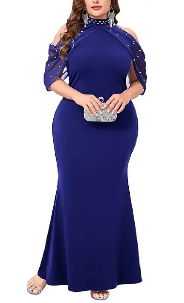 A plus-size model wearing an elegant navy blue mermaid-silhouette dress with a pearl-encrusted halter neckline and pearl-studded cold-shoulder chiffon sleeves.