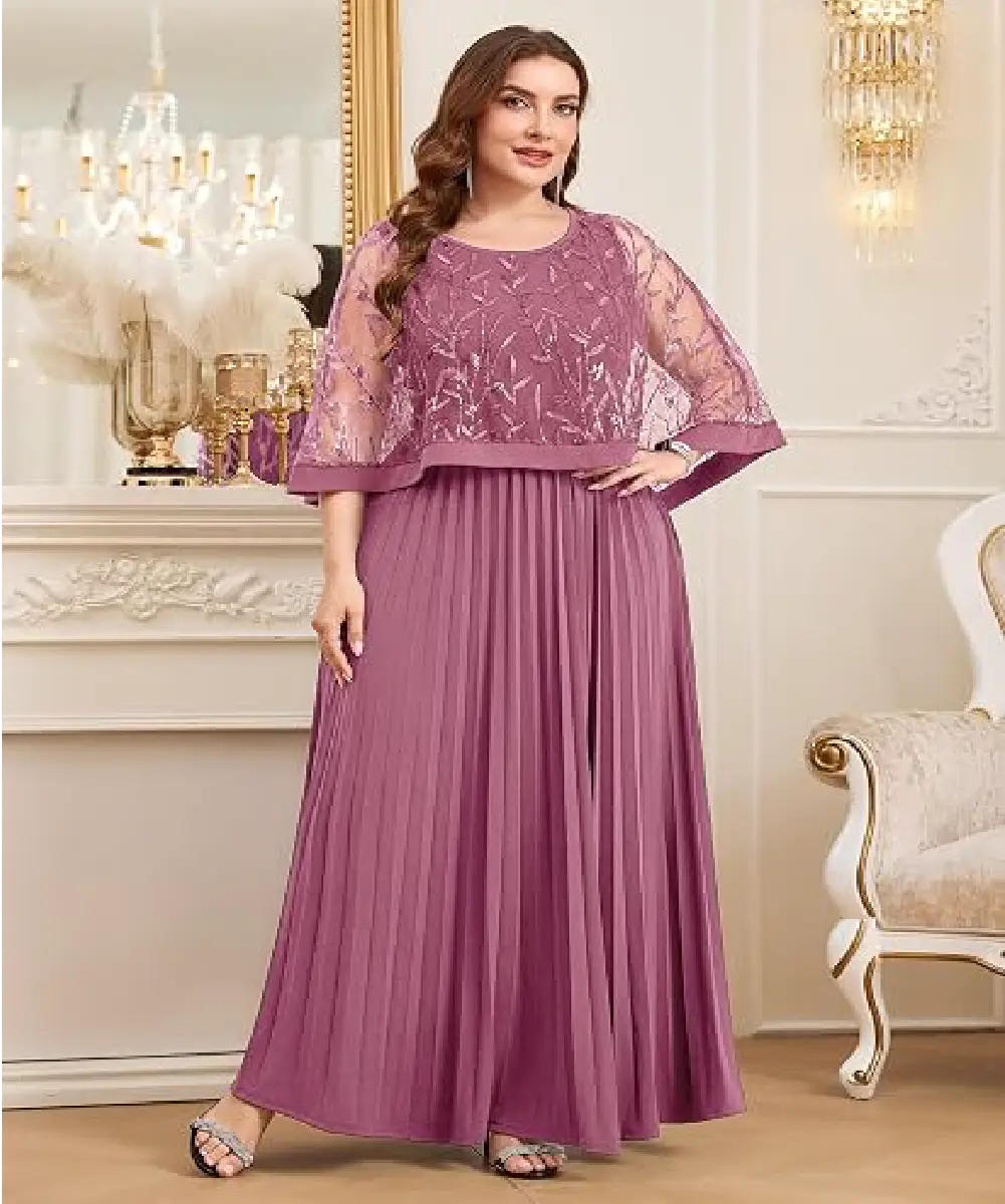A plus-size woman is wearing a golden evening dress, which features a beautiful cape sleeve overlay and leaf-pattern sequin embroidery.