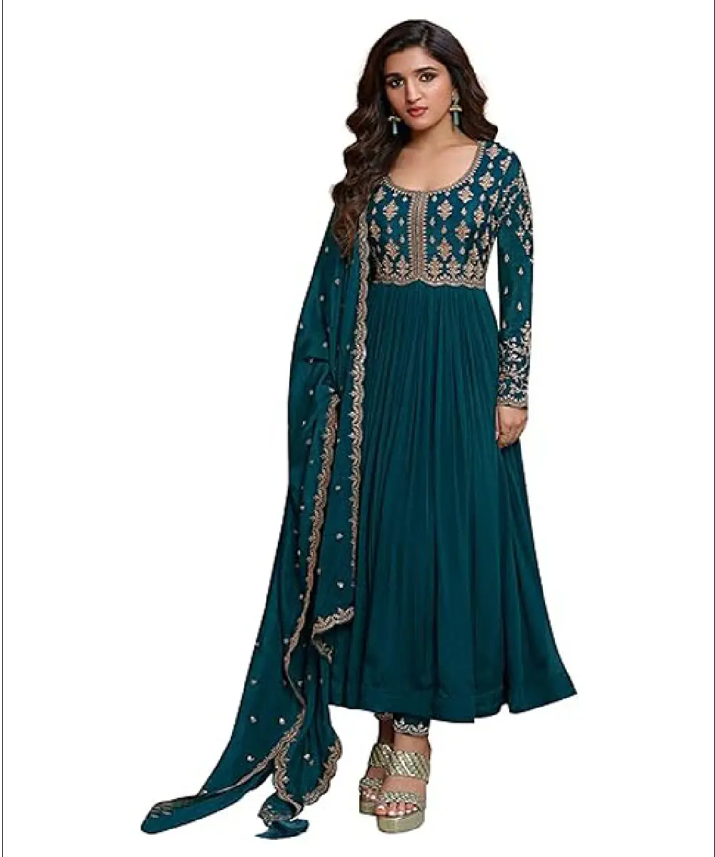 A woman modeling a ready-to-wear 3-piece teal blue ethnic set, featuring an intricately designed kurta, matching palazzo pants, and a coordinated dupatta.