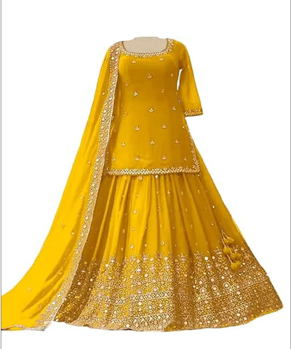 A fully stitched, ready-to-wear vibrant yellow georgette lehenga choli set featuring heavy embroidery, sequin work, and mirror detailing.
