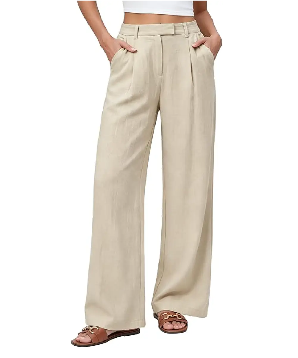 A woman wearing beige high-waisted wide-leg pants with front pleats and side pockets, styled for a polished casual look.