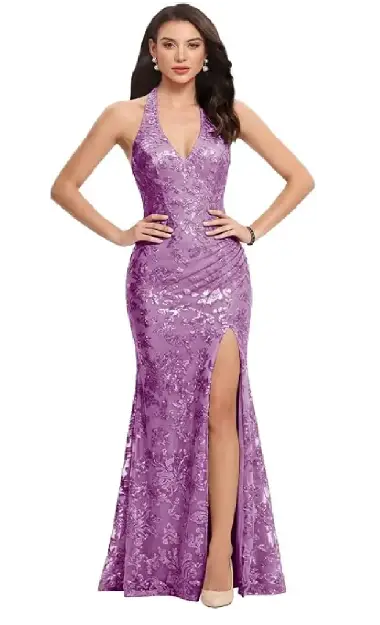 A model wearing a sparkly purple sequin mermaid-style formal dress featuring a V-neck, ruched waist detail, and a high leg slit.