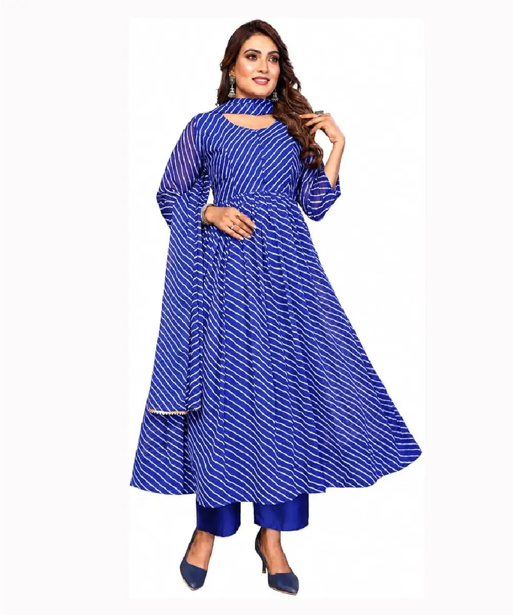 A model is wearing a dark blue striped designed Anarkali kurta, pants and dupatta set.