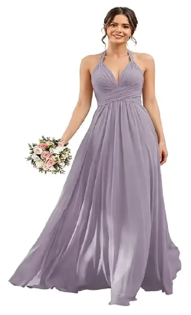 A model wearing a floor-length lavender chiffon bridesmaid dress featuring a halter neckline, pleated bodice, and a flowing A-line silhouette.