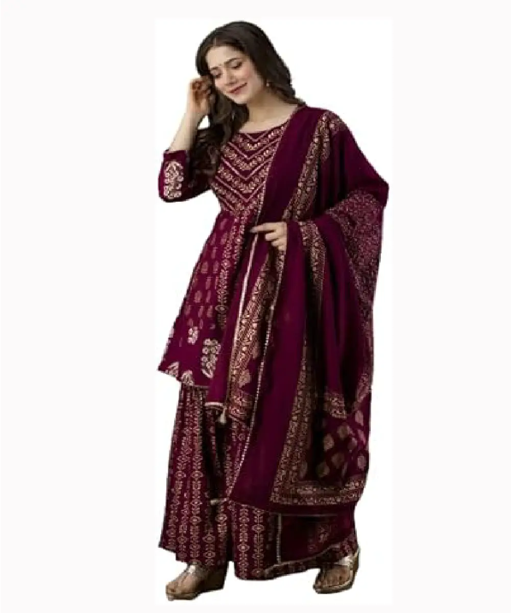 A model stands in a dark maroon rayon anarkali kurta, sharara and matching dupatta.