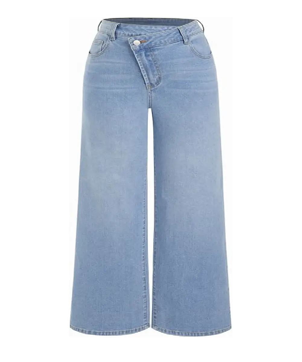 A pair of light wash women's wide-leg jeans featuring a trendy wrap-waist design.