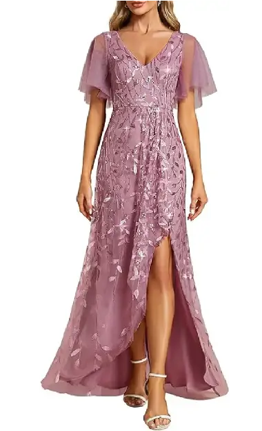 A woman modeling a mauve floor-length formal evening dress featuring sequin embroidery, a V-neckline, short ruffled sleeves, and an asymmetrical high-low hemline.