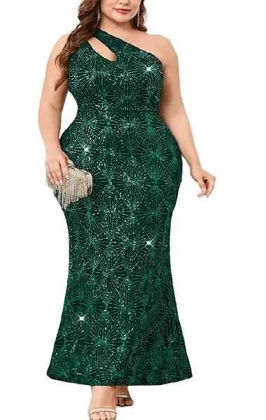 A model wearing an emerald green, floor-length mermaid gown with an all-over sequin starburst pattern, one-shoulder neckline, and a hollow-out cutout at the collarbone.
