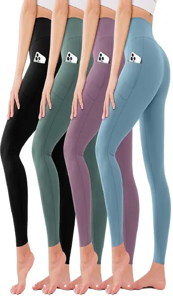 Four women modeling the same style of high-waisted leggings with side pockets in black, green, purple, and blue colors.