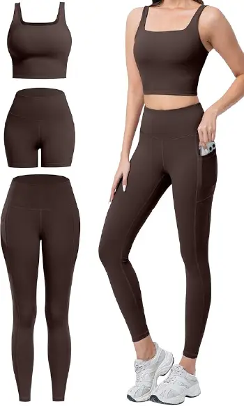 A woman modeling a brown 3-piece athletic set consisting of a crop tank top, high-waisted biker shorts, and leggings with side pockets.