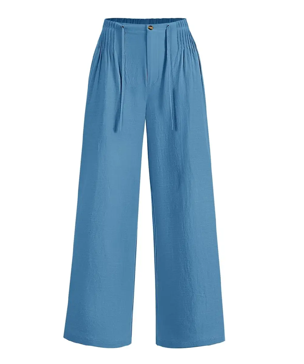 Blue cotton-linen palazzo pants featuring a smocked high waist with drawstrings, a button and zipper closure, and a wide-leg design.