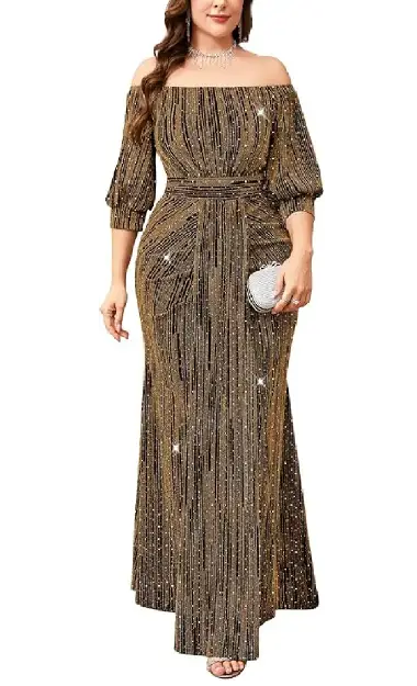 A plus-size model wearing a glamorous gold and black metallic striped off-the-shoulder maxi dress featuring puff sleeves and a bodycon fishtail silhouette.