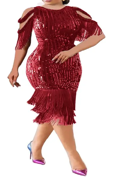 A model wearing a knee-length red sequin bodycon dress featuring short sleeves with tassel fringe details and a layered tassel hemline.