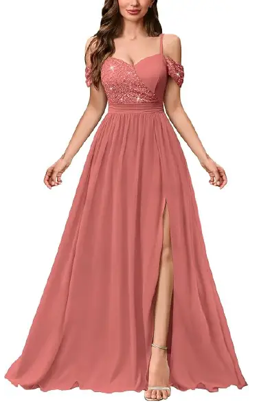 A model wearing a floor-length dusty pink gown with a V-neck, off-shoulder sleeves, spaghetti straps, a sparkling sequined floral lace bodice, and a high side slit.