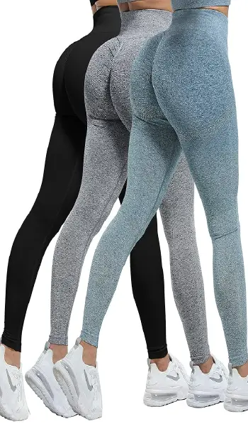A side-by-side view of three women modeling seamless, high-waisted, scrunch-butt leggings in black, grey, and blue colors.