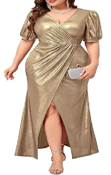 A plus-size model wearing a shimmering metallic gold maxi dress with short puff sleeves, a deep V-neck wrap bodice, a high-waist ruched design, and a dramatic high front slit.