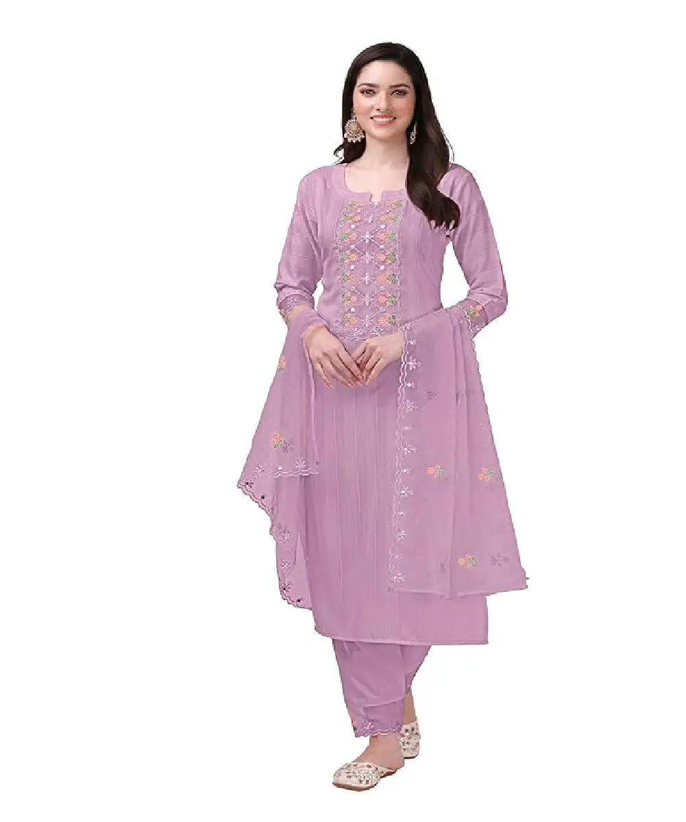 A model is wearing a light purple cut work embroidered cotton straight kurta pant suit.