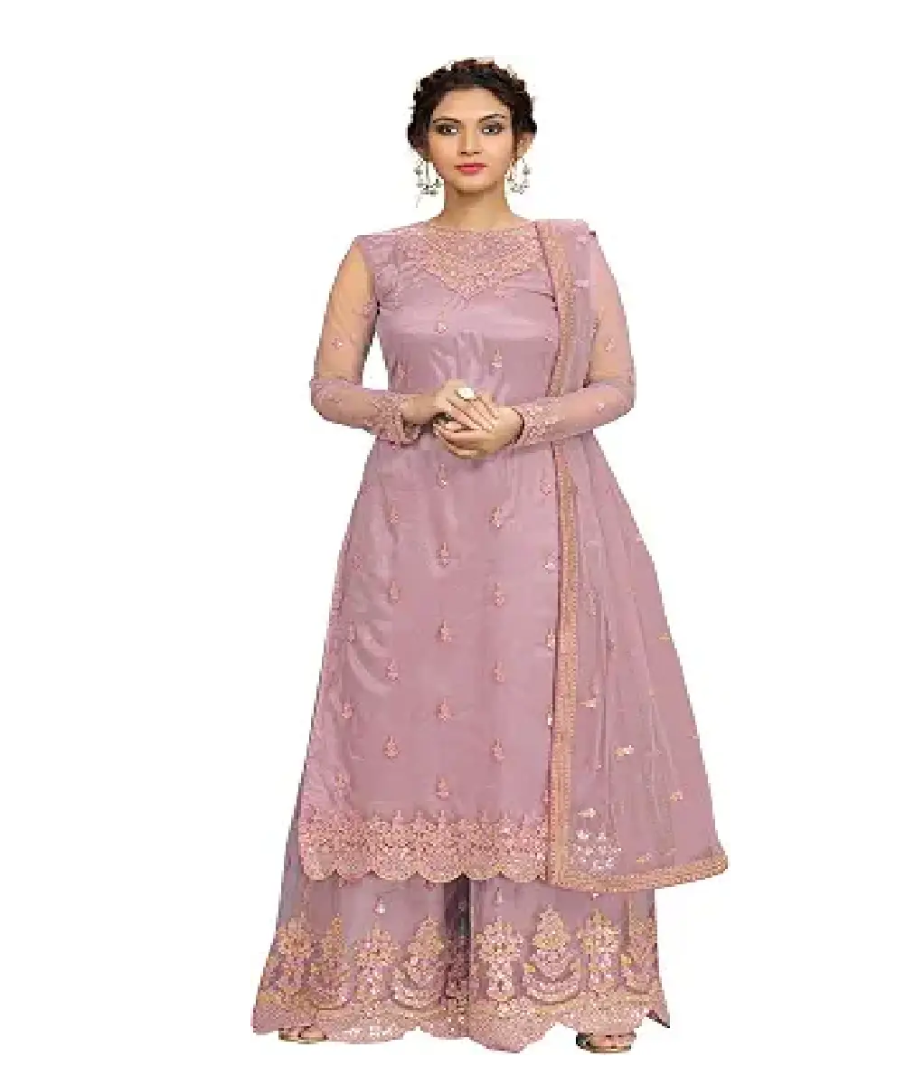 A woman wearing a vibrant sky blue georgette Anarkali-style kurta with detailed embroidery, paired with matching pants and a decorative dupatta.