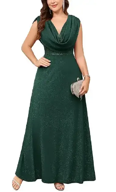 A plus-size model wearing a dark green, sleeveless formal maxi dress featuring a cowl neck, a structured sequin-patchwork bodice, and a flowy, glitter-infused A-line skirt.