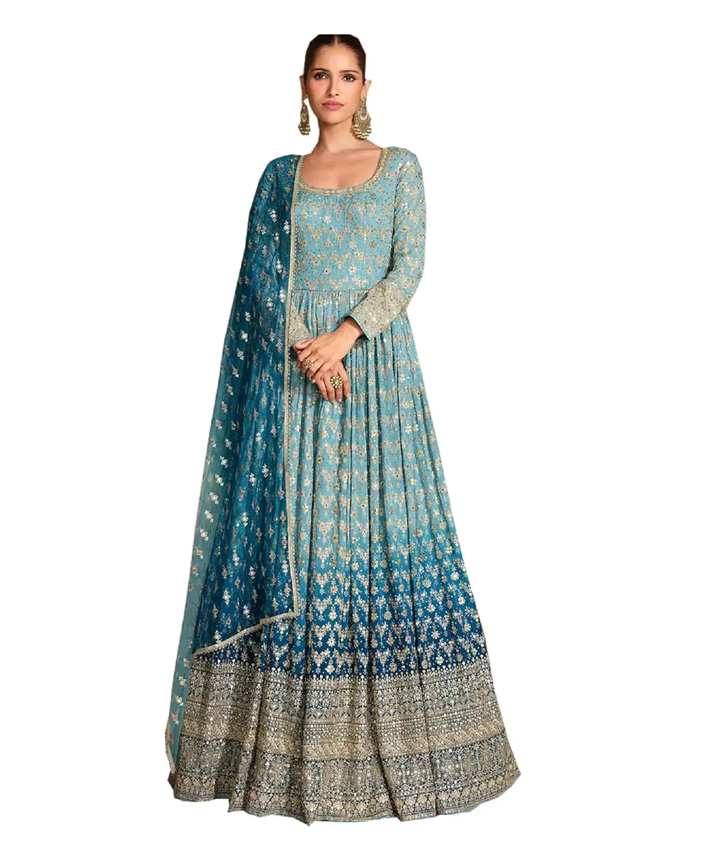 A model wears an attractive embroidered blue and turquoise shade Anarkali gown and matching dupatta.