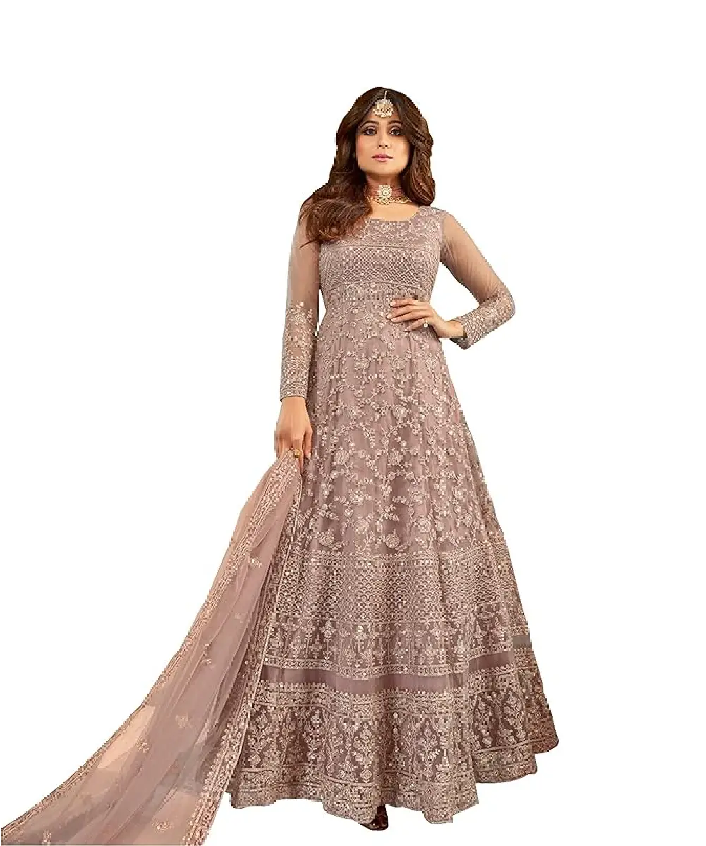 A model is wearing an attractive embroidered butterfly net salwar kameez suit.