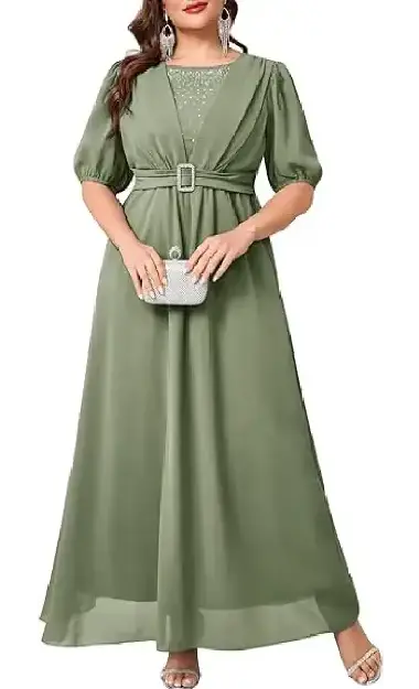 A plus-size model wearing an olive green chiffon floor-length maxi dress featuring a crew neck, short puff sleeves, and a high-waisted design with a decorative rhinestone metal buckle.