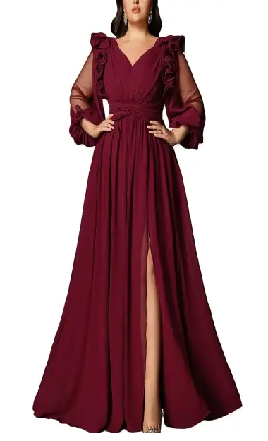 A plus-size model wearing a flowy burgundy formal prom dress with 3D ruffle mesh long lantern sleeves, a V-neck, and a high-waist slit hem.